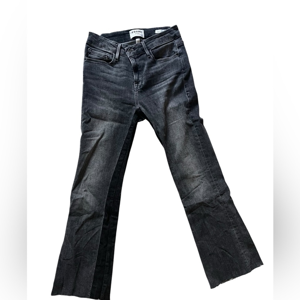 Frame Le Cropped Mini Boot Cut Jeans Women's 26 Y2K Whiskering Raw Hem Gray✅ - Picture 2 of 4
